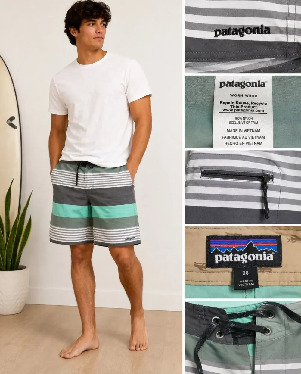 Coastal Surfer Patagonia Men's Board Shorts Size 36 Gray Mint Stripe Nylon